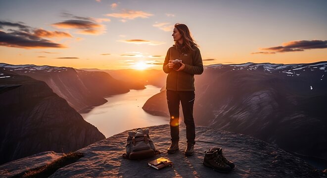 young woman hiking at sunset with breathtaking mountain lake view and golden light