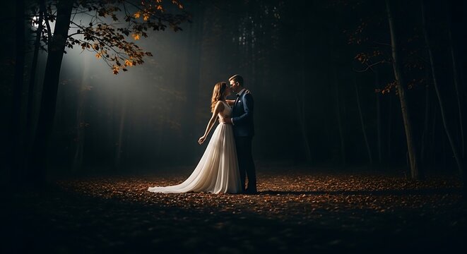 bride holding lantern in mystical autumn forest at dusk with soft glow