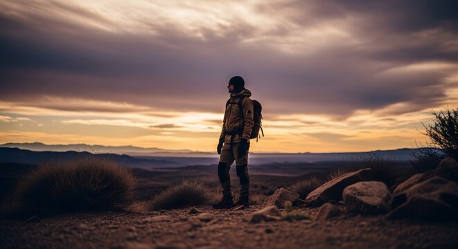 hiker with backpack admiring sunset over desert mountains and clouds