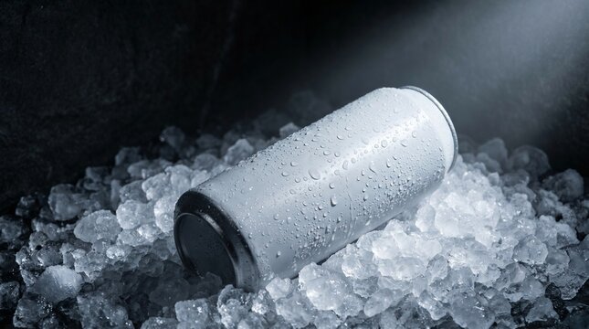 Blank White Aluminum Beverage Can with Water Droplets on Crushed Ice