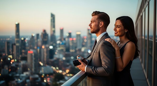 romantic couple embracing at city skyline sunset rooftop view