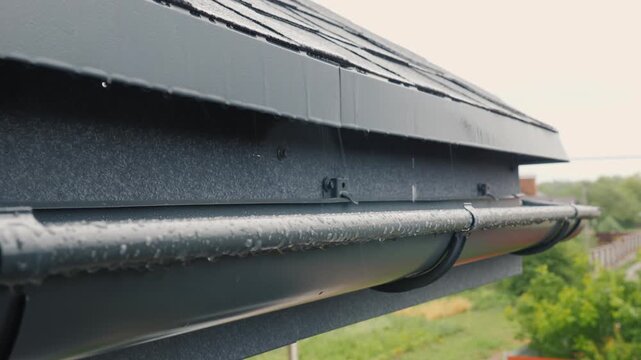 Rainwater flowing into black modern house gutter system during stormy weather conditions.