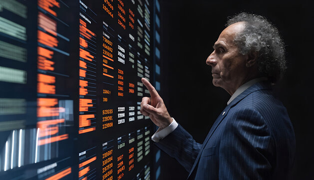 young man pointing at blur digital information bar graph