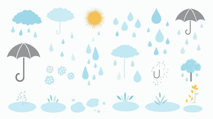 Obraz premium A cheerful collection of weather icons featuring rain, sun, clouds, umbrellas, and puddles.