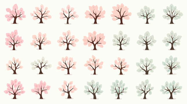 A collection of simple vector trees with pink and green foliage in a natural pattern.