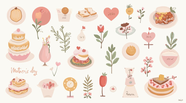 Mother's Day vector illustration set featuring cakes, flowers, and sweet treats