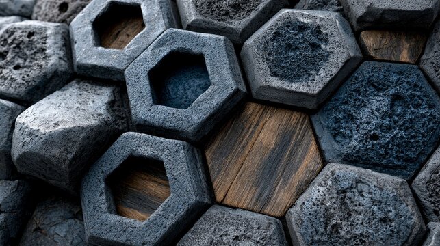 Macro texture of interlocking gray cobblestone pavers with rustic wood joint detail