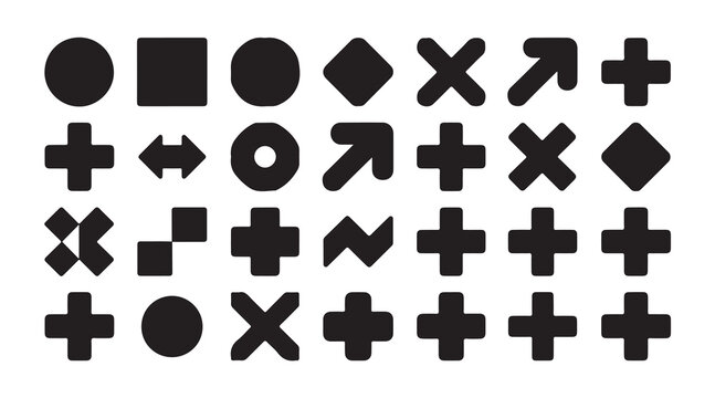 Collection of black abstract geometric shapes and icons on white background.