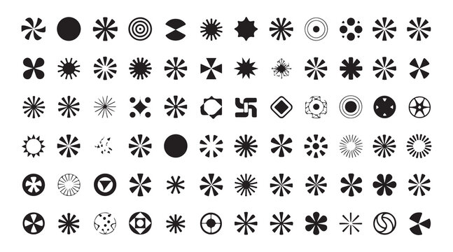 Comprehensive collection of radial abstract silhouettes and geometric star vector elements.