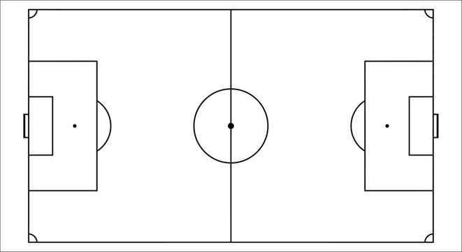 Soccer field top view black and white line drawing on white background