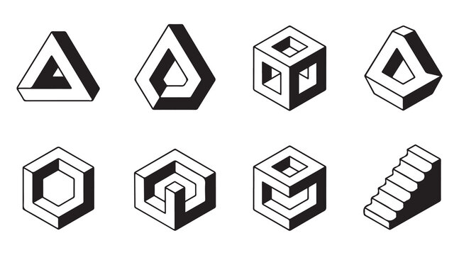 Impossible geometric shapes set of optical illusions on white background.