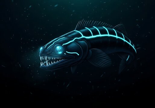 Deep sea fish with bioluminescent features in dark ocean depths