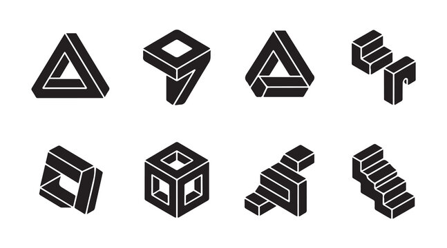 Impossible geometric shapes set of optical illusions on white background.