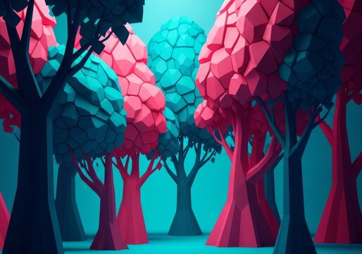 This artistic interpretation of a woodland landscape showcases geometric trees, fragmented leaves, and angular planes in a cubist style, squares, green, shapes
