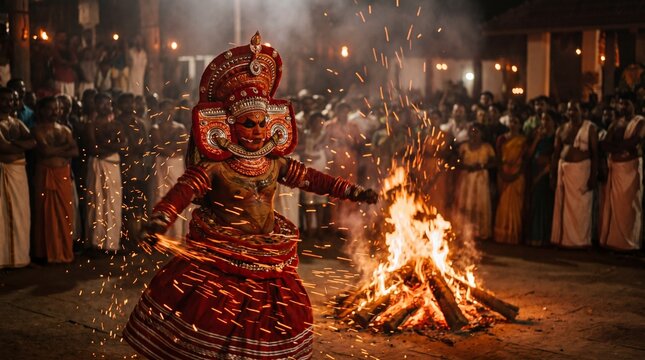 Traditional Theyyam ritual dance performance with flying sparks near a large bonfire during a night temple festival in Kerala, India