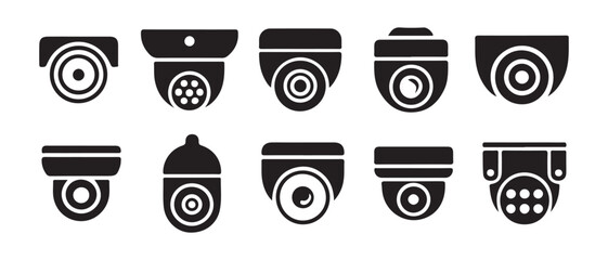 Surveillance camera icon collection. featuring various dome and security monitoring designs. © Safali