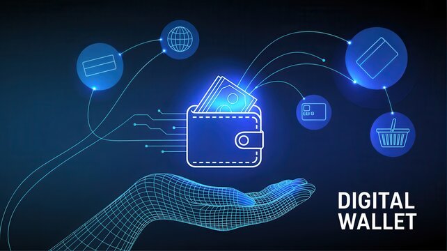 Digital wallet technology concept, 3d wireframe hand holding a glowing virtual wallet with financial icons