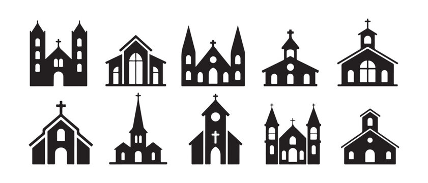 Church building silhouettes. and religious architecture icons set isolated on white background.