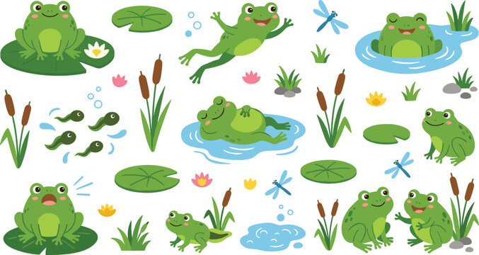 Cute Frog Character Vector Set featuring Tadpoles Lily Pads Dragonflies and Various Pond Elements in Kawaii Cartoon Style for Kids Books Stickers and Nature Designs