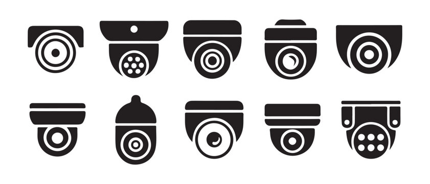 Surveillance camera icon collection. featuring various dome and security monitoring designs.