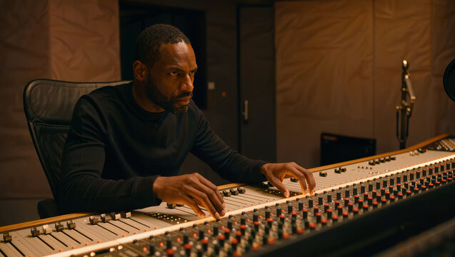 Professional sound engineer working at large analog mixing console in recording studio, African American audio producer adjusting faders during music production session