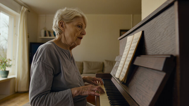 Senior elderly woman playing classical music on upright piano at home, retired grandmother enjoying musical hobby in cozy sunlit living room with sheet music