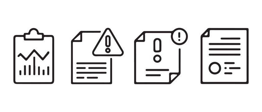 Business document icons. featuring report clipboard and warning alert symbols in minimalist line style.