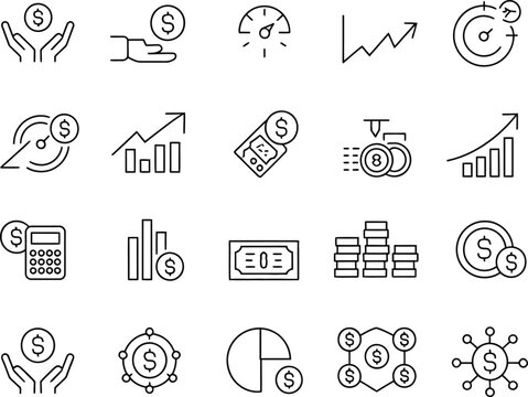 Collection of thin line representing financial concepts and money finance dollar coin hand