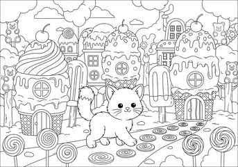 Fototapeta premium Cute kitten in candy land coloring page for kids
