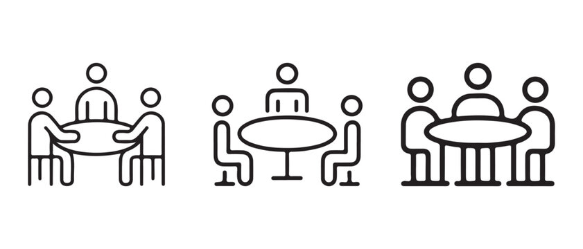 Business meeting icon set. featuring people sitting at a round table for discussion and teamwork.