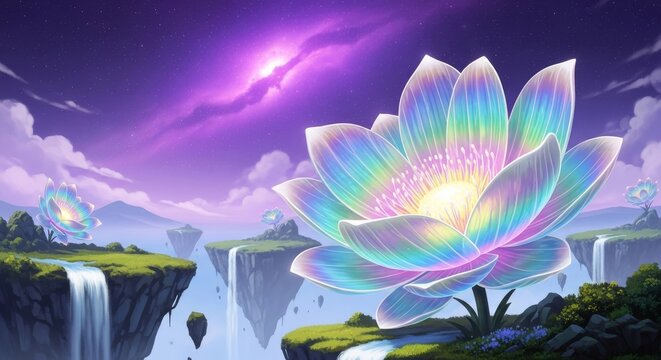 Giant iridescent blossoms with glowing petals bloom across a dreamlike landscape of floating islands under a vibrant cosmic violet nebula, violet, vivid, crystalline