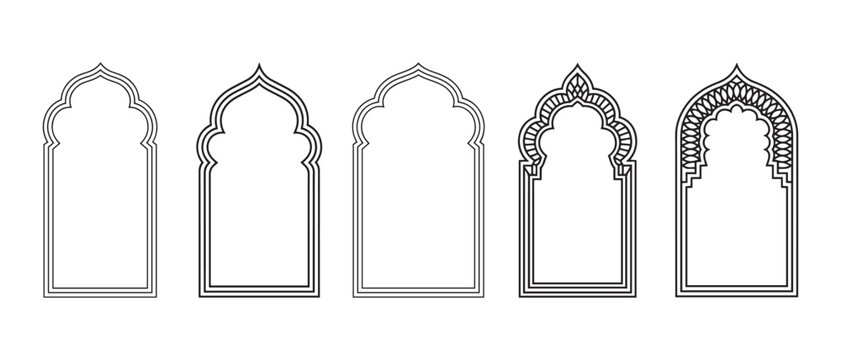 Islamic arch window frames. with traditional oriental architectural outlines on white background.