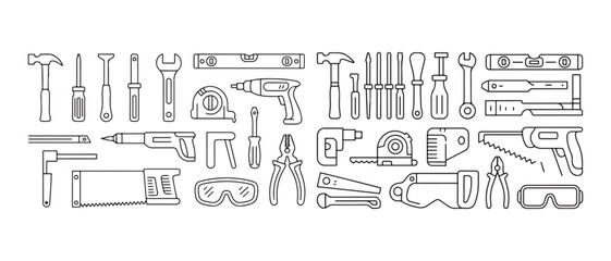 Obraz premium Hand tools and power equipment icons. for construction and home repair on white background.