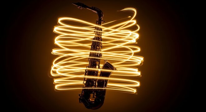 Golden light streaks dance around a brass saxophone silhouette amidst deep shadows, evoking a sense of fast rhythmic movement and melody, dynamic, streaks, texture