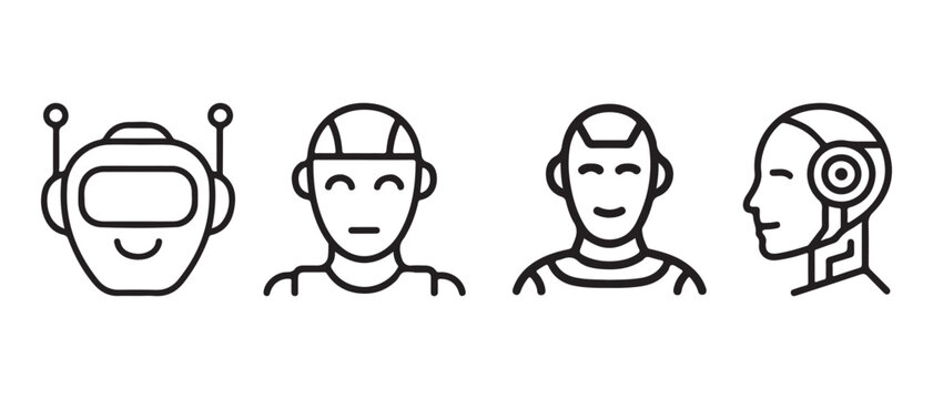 Robot and android head icons. in black line art style on white background.