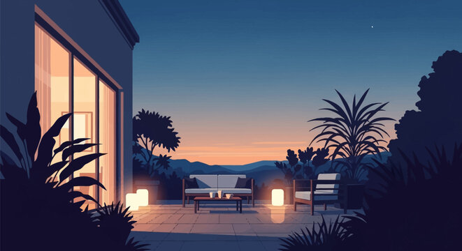 Modern outdoor patio terrace at twilight featuring a sofa and armchair on tiled floor with glowing lanterns, potted plants, and a view of mountain silhouettes under a starry sky.