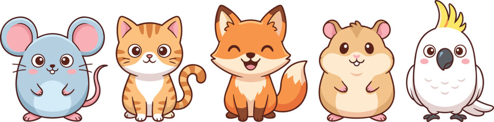 Kawaii Cute Animal Character Vector Set featuring Mouse Cat Fox Hamster and Cockatoo Bird Illustrations for Kids Stickers Nursery Decor and Greeting Card Designs © MstSheule