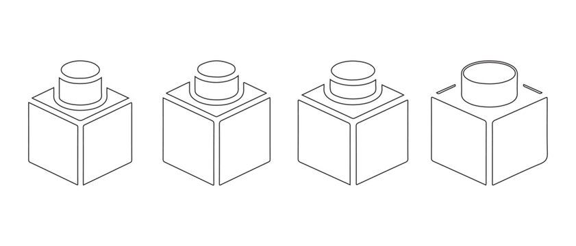 Isometric line art illustration. of four toy building blocks arranged in a row on a white background.
