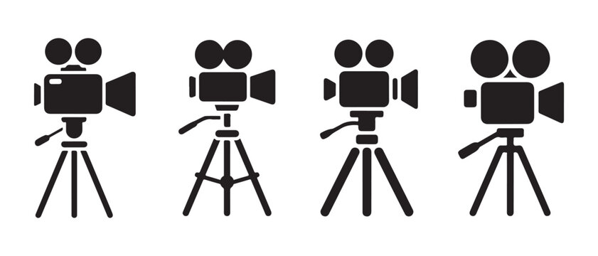 Professional movie camera silhouettes. on tripods set against a white background.
