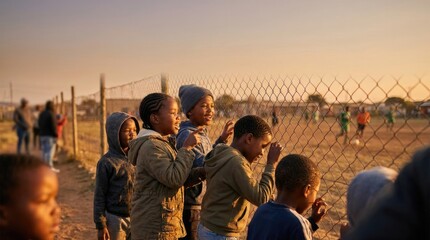 Fototapeta premium A group of children watching a soccer game through a fence at sunset