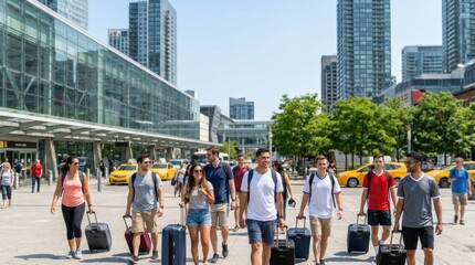 Obraz premium A group of people walking with luggage in an urban area near an airport or train station with yellow taxis and modern buildings in the background