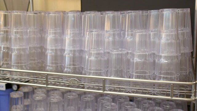 Hand Reaching for Plastic Cup from Stacked Metal Shelf in Restaurant