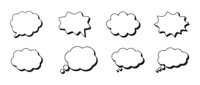 Comic speech bubbles and thought clouds set. with drop shadows isolated on white background.