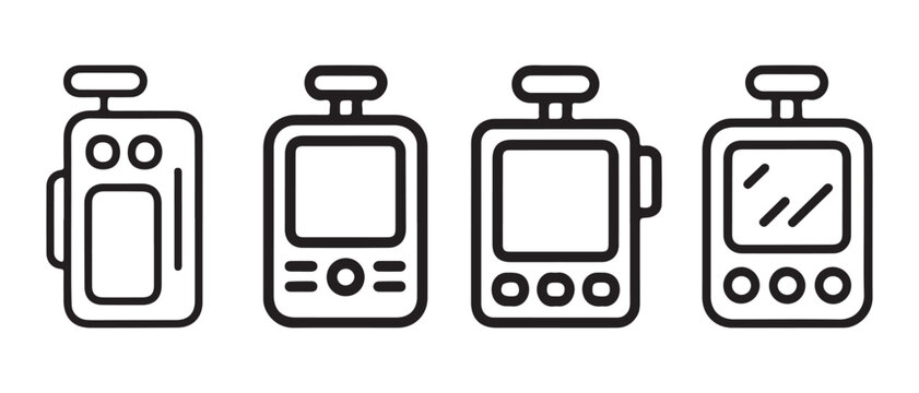 Handheld communication device icons. and pager line art set on white background.