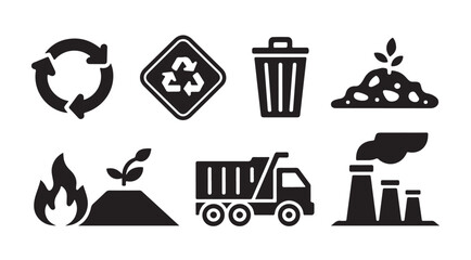 Environmental icons set with recycling, trash bin, fire, plant, compost, and industrial factory. © MD.RAHIM