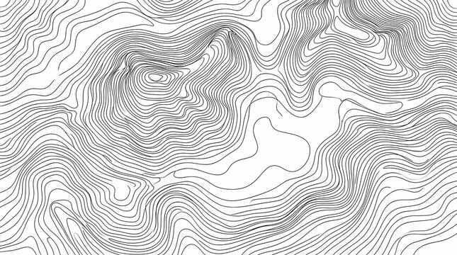 A seamless black and white vector illustration of intricate, flowing contour lines forming an abstract topographic map pattern on a clean white background.