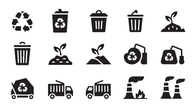 Recycle symbol, trash can, growing plant, and waste truck icons set; environmental protection.