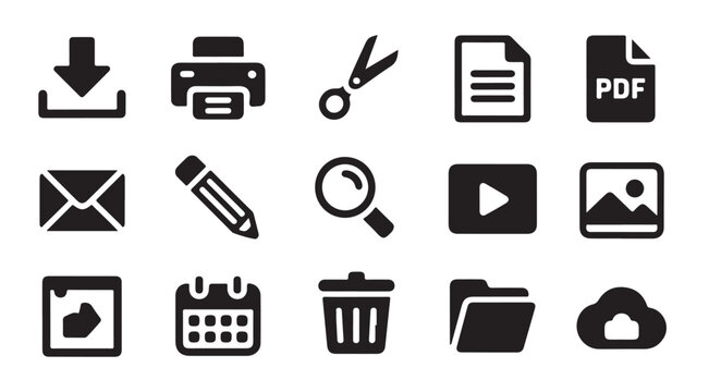 Set of office and digital icons: download, print, cut, document, mail, search, video, image, calendar, trash, folder, cloud.