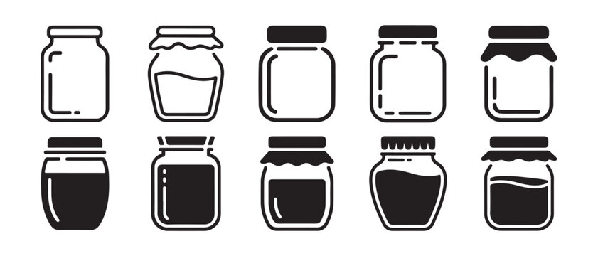 Collection of glass jar icons. in various shapes for food storage and preservation on white background.