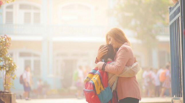 Loving mother hugging child with backpack before first day of school